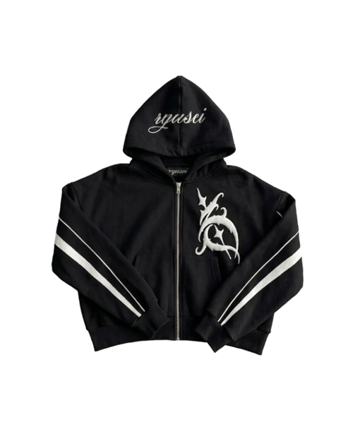 Black hoodie with white logo and stripes on a white background ryusei